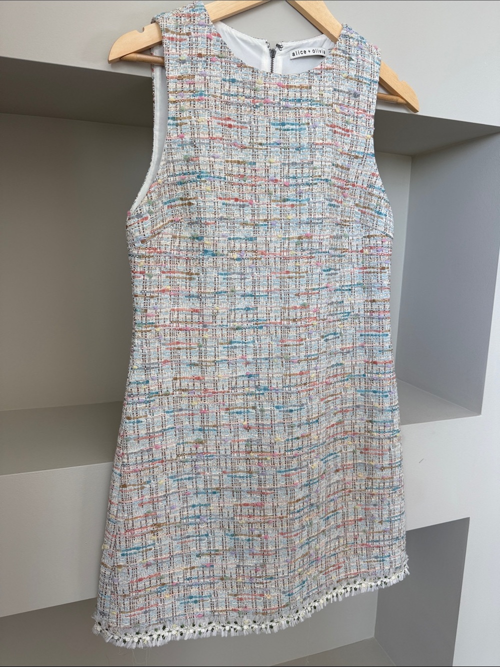Alice + Olivia White Tweed Shift Dress with Pastel Multicolor Threads